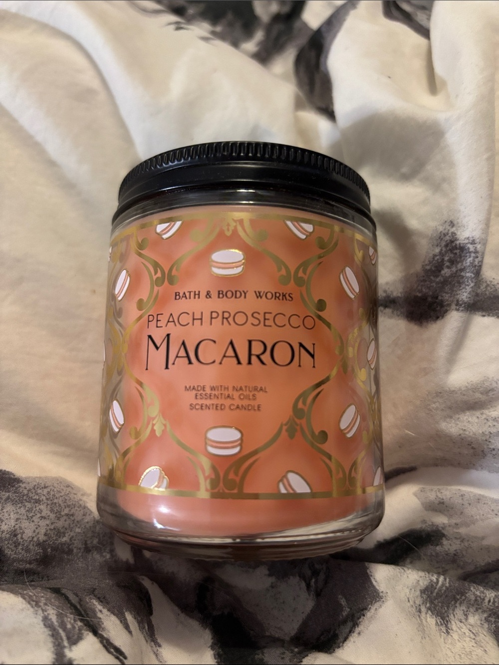 Bath & Body Works Peach Prosecco Macaron Candle - Peach & Gold Label